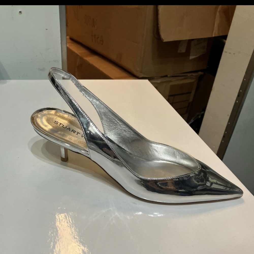 Sz 7.5 Nib Stuart Weitzman Eva 50 Silver Women's Slingback Heels - Picture 8 of 11